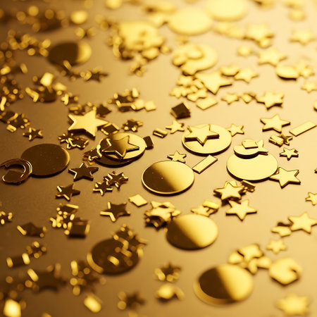 Golden background with stars and confetti. Shallow depth of field. Toned.の写真素材