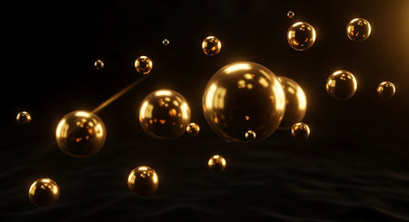 3d rendering of golden bubbles floating in water. Abstract background.の写真素材