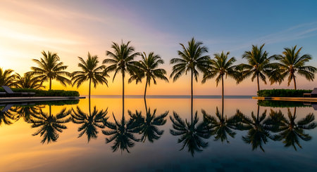 Beautiful Silhouette palm tree with umbrella and chair around luxury swimming pool in hotel resort at sunrise times - Vintage Filter and Boost up color Processingの写真素材