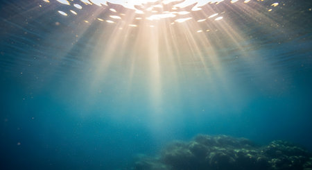 Underwater view of the sunbeams shining through the water surfaceの写真素材