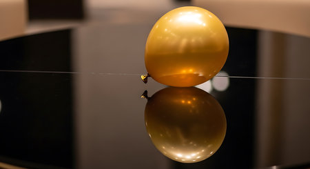 Gold ball on a black glass table in the interior of a restaurant
