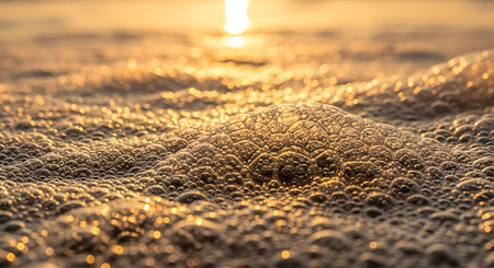 Close-up of water bubbles on the beach at sunset time.の写真素材