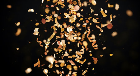 Golden confetti on black background. Festive concept. 3D Renderingの写真素材