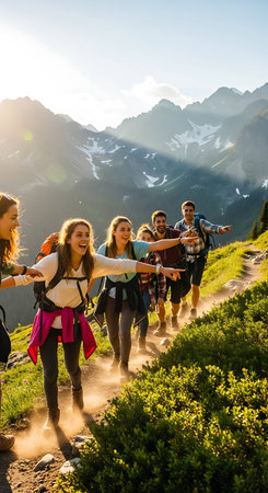 Group of young people hiking in the mountains on a sunny summer dayの写真素材