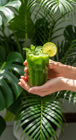 cropped shot of woman holding glass of green smoothie with lime and mintの写真素材