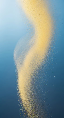 Yellow sand explosion on blue background. Abstract background with yellow sand.