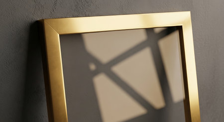 3d render of golden picture frame hanging on grey wall with shadowの写真素材