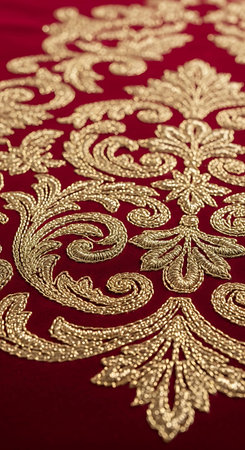 Close-up of gold floral pattern on a red fabric background.の写真素材