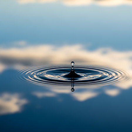 Water drop with ripples on the water surface with reflection of cloudsの写真素材