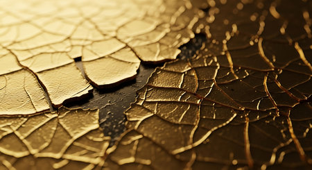 Close up shot of cracked golden paint on metal surface. Abstract background.の写真素材
