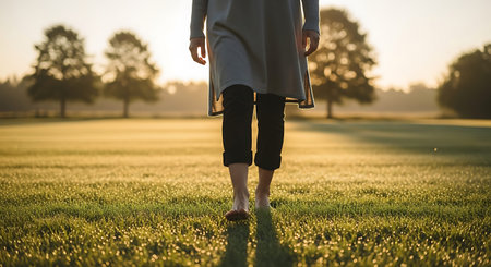 Low section of unrecognizable woman walking on green grass during morning sunrise