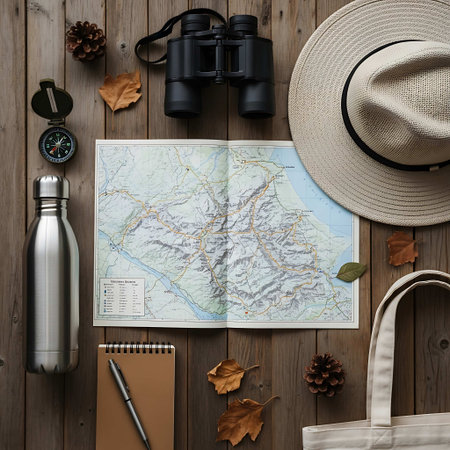 Flat lay of traveler's accessories with map on wooden background.の写真素材