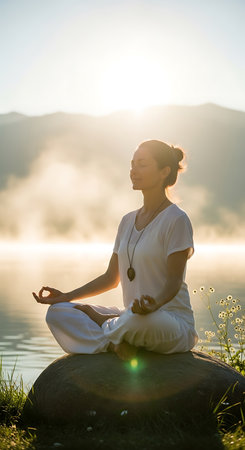 Young woman meditating in lotus position on lake shore at sunriseの写真素材