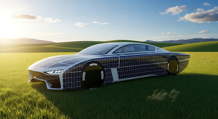 3d render of a sports car with solar panels on the field