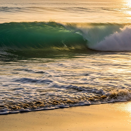 Beautiful sunset on the beach with a wave in the foreground.