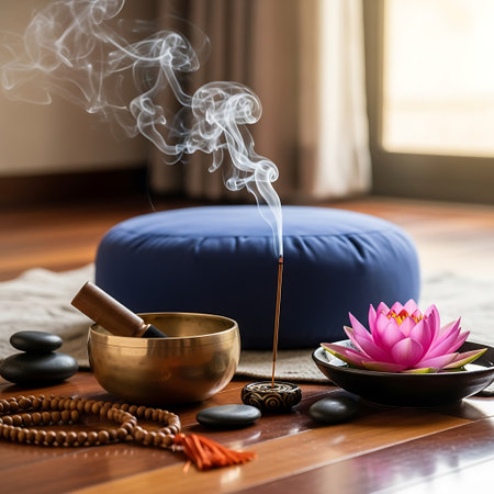 Spa still life with burning lotus flower, aroma oil and massage bowl on wooden floorの写真素材