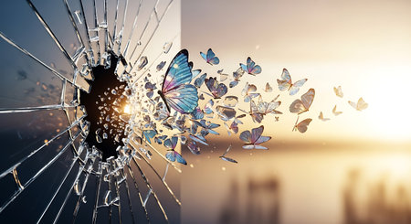 Broken glass with flying butterflies as abstract background. 3d renderingの写真素材