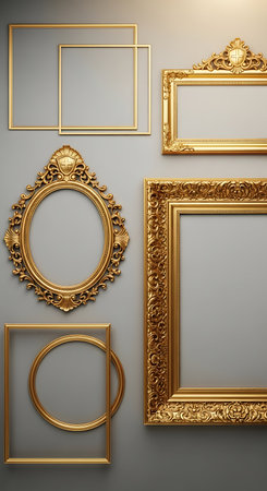 Set of golden frames for paintings, mirrors or photo on the wallの写真素材