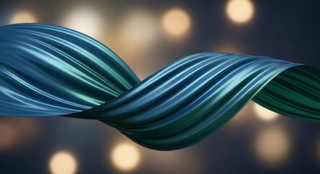 3D render of blue wavy background with bokeh lights