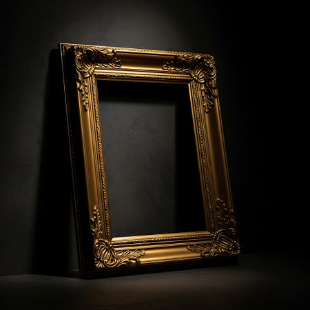 Golden picture frame on dark background. 3d render illustration with shadowの写真素材