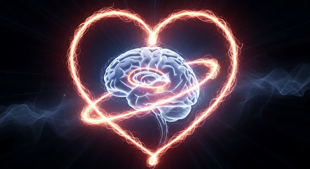 Neon brain in heart shape on black background. 3D renderingの写真素材