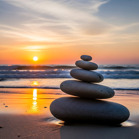 Stack of zen stones on the beach at sunset. Zen concept