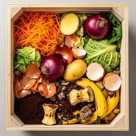 Vegetables in a wooden box, top view.