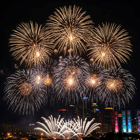 Colorful fireworks of various colors over night sky and cityscape backgroundの写真素材