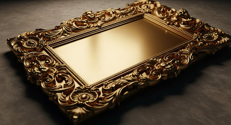 Vintage golden picture frame on black background. 3D render.