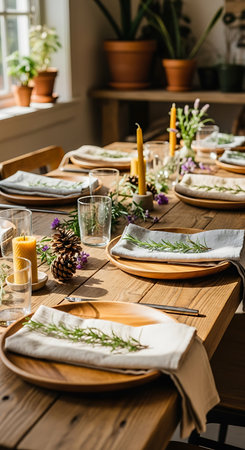 Festive table setting with cutlery and napkins on wooden table