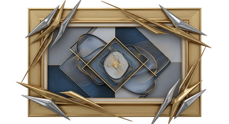 3d render of abstract geometric composition with golden elements isolated over whiteの写真素材