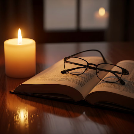 Glasses and book on a wooden table with a lit candle.