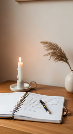 Notebook with pen on wood table and candle light in the backgroundの写真素材