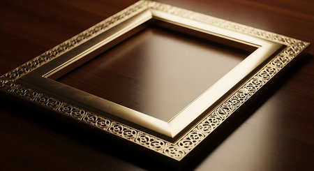 golden picture frame on wooden table. vintage style. shallow depth of field