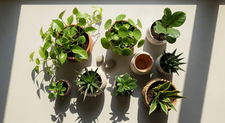 Plants in pots on the windowsill. View from above.の写真素材