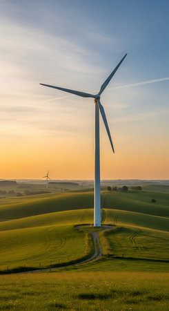 Wind turbines in a green field at sunset, South Moravia, Czech Republic