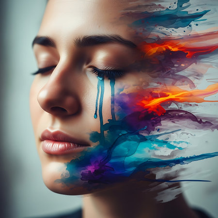 Close-up portrait of a beautiful young woman with multicolored paint on her faceの写真素材