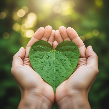 Hands holding green leaf in heart shape on blurred nature background, save world conceptの写真素材