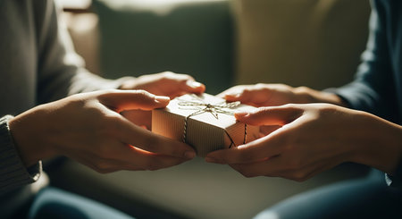 Close up of couple hands holding a gift box. Man and woman sitting on sofa at home.の写真素材