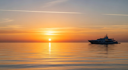 Sunset over the sea with a yacht in the foreground and the sun reflected in the waterの写真素材