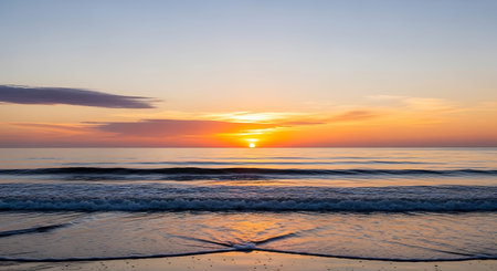 Sunset on the beach in the evening. Beautiful seascape.