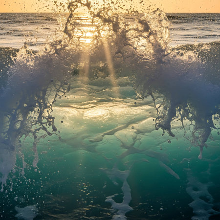 Splashes of the sea against the background of the setting sun.