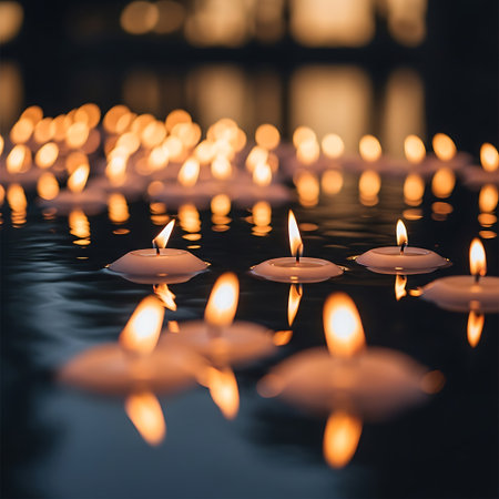 Burning candles on the water in the dark.の写真素材