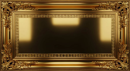 3D render of a golden frame with a decorative pattern on a black backgroundの写真素材