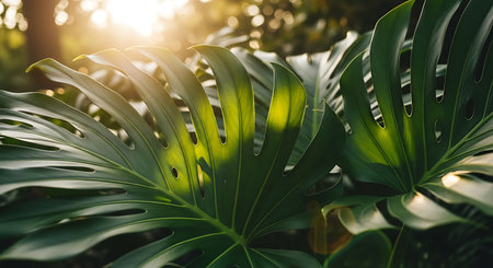 Tropical leaves Monstera Deliciosa in sunlight.の写真素材