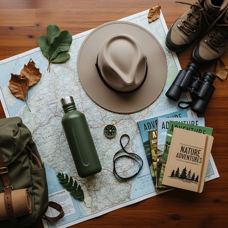 Flat lay of traveler accessories and map on wooden background. Travel concept.の写真素材