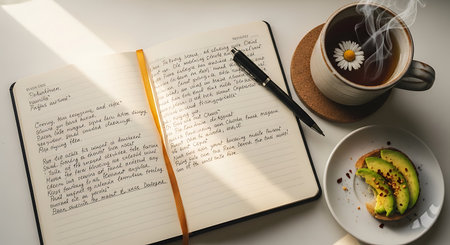 Open notebook with pen on white table, top viewの写真素材