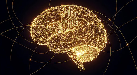 3d rendering of a human brain with circuit lines and connections on a dark backgroundの写真素材