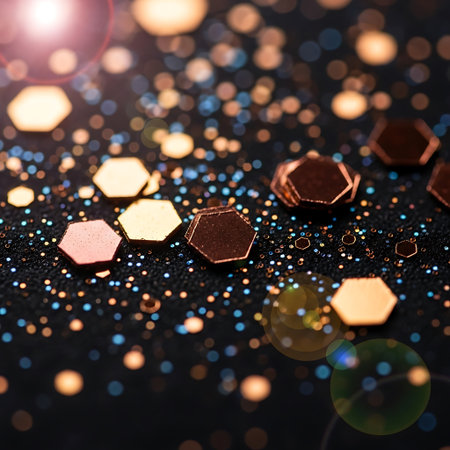 Sparkling background with bokeh lights and golden hexagons.の写真素材