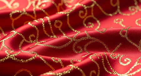 Red luxury satin fabric with gold sequins as background texture.の写真素材